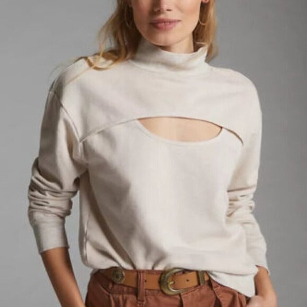 T. LA Anthropologie Cream Funnel Neck Cut Out Sweatshirt